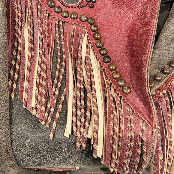 Double D Ranch Brown and Red Leather Jacket with Fringe - Picture 8 of 9